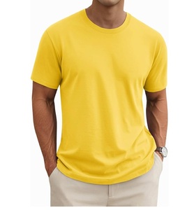 T-shirt en coton jaune pour homme, manches courtes, col rond, coupe classique, couleur unie, jersey décontracté, tricoté, teint uni - Product Image 1