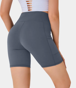 Shorts de sport gris taille haute pour femme avec poches, taille élastique, respirants, pour le cyclisme - Product Image 4