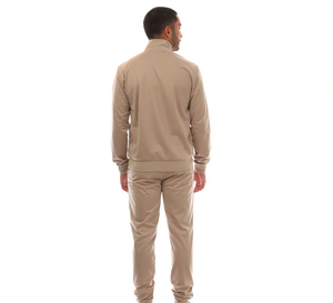 Men's Beige Stand Collar Tracksuit <b>Set</b> <b>Knitted</b> Fabric 100% Polyester Breathable Casual Wear Autumn Solid Color - Product Image 4
