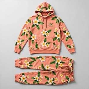 Ensemble de survêtement unisexe NEXTEX Plumeria Tropical Floral en coton doux et polaire, couleur corail, blanc et jaune - Product Image 1