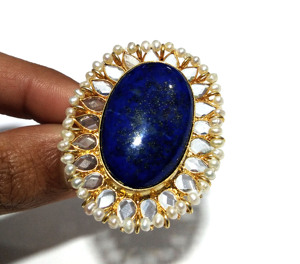 Natural Lapis Lazuli Oval Gemstone <b>Ring</b> Pearl Border 925 Silver Plated Handmade Bohemian Style Third Party Certified Statement - Product Image 5