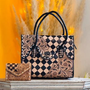 New Hand Tooling Solid Color Genuine Leather Tote Purse Bags with Zipper Closure and Embroidery for Women & Girls Beach Use - Product Image 5