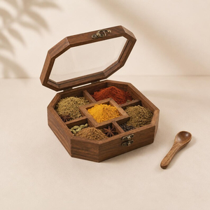 Boîte à épices en bois faite à la main, organisateur de masala indien, boîte à épices à 5 compartiments, boîte de rangement de cuisine - Product Image 3