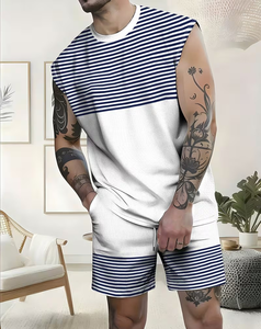 Men's Striped Sleeveless Tank Top Set White Blue Knitted Breathable Casual Summer Wear Crew Neck Short Sleeveless Top Shorts - Product Image 1