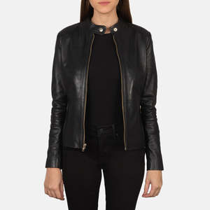 Chaqueta de moto de cuero genuino para mujer, cuello alto, manga larga, cierre de cremallera, color negro, corte regular, estilo otoñal - Product Image 1