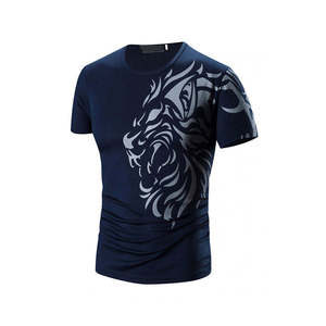 เสื้อยืดแขนสั้นสีน้ำเงินเข้มสำหรับผู้ชาย พิมพ์ลายแบบรีดร้อน แห้งเร็ว ทรงปกติ คอกลม สวมใส่สบาย ผ้าฝ้าย 100% ด้านหน้า - Product Image 1