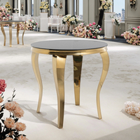 Table de banquet ronde mobile de style ferme moderne avec plateau en verre trempé et piètement en acier inoxydable pour événements hôteliers