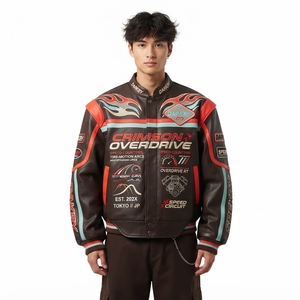 Blouson en cuir Crimson Overdrive pour homme, marron foncé, avec motif flamme, style varsity, pour la course automobile et la moto - Product Image 1