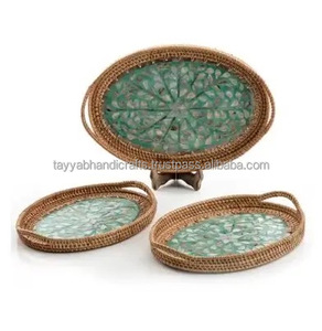 Plateau de service en bois naturel artisanal, incrustation de nacre florale, taille et couleur personnalisées, artisanat Tayyab pour la maison, les restaurants, les hôtels - Product Image 4