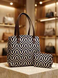 Bolso de mano con patrón geométrico para mujer, tejido, con cierre de cremallera antirrobo, bordado, gran capacidad, bolso de hombro con bolsa - Product Image 3