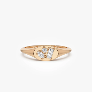 Bague signet de luxe en or jaune 14K/18K avec diamants multiformes, bande en grappe, bijou moderne unique et audacieux, bague de fiançailles unique - Product Image 1