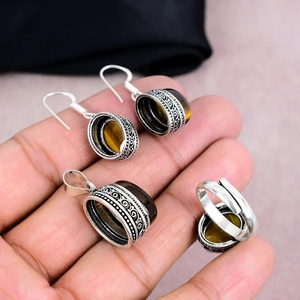 Natural Tiger Eye <b>Silver</b> Jewelry <b>Set</b> 925 Sterling <b>Silver</b> Handmade Gemstone Necklace Earrings <b>Set</b> Wholesale Jewelry - Product Image 5
