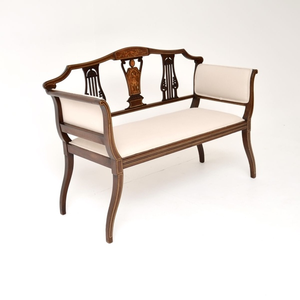 Elegant Antique Style Settee Featuring Traditional Scroll <b>Arms</b> and Decorative Brass Nailhead Trim - Product Image 5