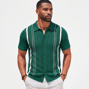 Polo en tricot rayé vert pour homme, manches courtes, décontracté, boutonné devant, respirant, en coton, coupe classique - Product Image 4