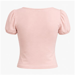 Camiseta Corta Ajustada de Manga Corta con Cuello Redondo y Color Rosa Pálido para Mujer WTS-0085 - Product Image 2