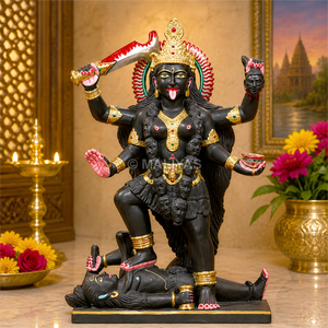 Estatua de Kali Maa en Mármol Negro con Espada y Cuatro Brazos |   Murti de la Diosa Tradicional Kali de MALIYAS Jaipur - Product Image 1