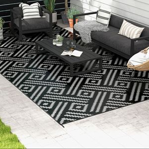 Tappeto da Esterno Geometrico Reversibile Nero e Grigio 9x18, Tappetino da Patio con Borsa per il Trasporto per Camper e Campeggio - Product Image 2