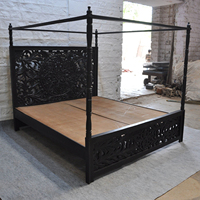Cama King Size de Madera Tallada de 4 Paneles, Muebles de Dormitorio, Acabado Negro, Cama de Madera Tallada, Muebles de Alta Calidad Premium