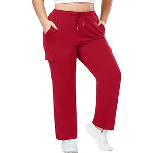 Women's <b>Red</b> Knitted <b>Cargo</b> Pants With Drawstring Waist Pockets Casual Loose Fit Full Length Autumn Wear - Product Image 4