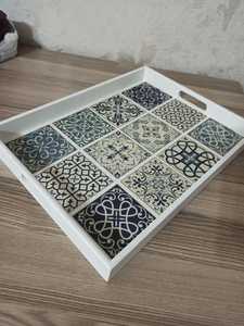 Plateau de service de luxe fait main en os incrusté, forme hexagonale, plateau décoratif géométrique en bois pour table basse, ottoman, coiffeuse, petit-déjeuner - Product Image 5