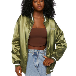 Veste universitaire en satin vert olive pour femme, manches longues, fermeture éclair, col rabattu, couleur unie, vêtement d'automne - Product Image 2