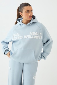 Ensemble de survêtement décontracté en molleton pour femme, bleu clair, avec sweat à capuche oversize à motif et pantalon de survêtement large, deux pièces, vêtements de sport et de détente, vente en gros - Product Image 3