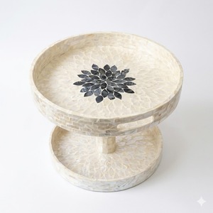 Handmade Mother Of Pearl Inlay Round Serving Tray Luxury <b>Grey</b> Floral Pattern Mop <b>Coffee</b> <b>Table</b> Decor & Serve Ware Decorative Tray - Product Image 5