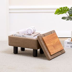 Modern Accent Linen Footrest Storage Ottoman Solid Wood Legs Step <b>Stool</b> <b>Seat</b> for Couch Living Room - Product Image 2