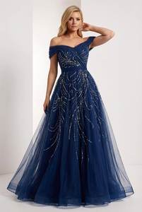 Vestido de Noche Azul Marino de Lujo con Hombros Descubiertos, Adornado con Lentejuelas, de Tul, Corte A, para Fiesta de Graduación, Venta al por Mayor, Ropa Formal de Fiesta para Mujer - Product Image 3