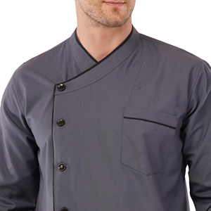 Veste de chef à manches longues blanche 100% coton avec col rayé contrasté en tissu tricoté en coton pour hommes du personnel de cuisine de restaurant - Product Image 6