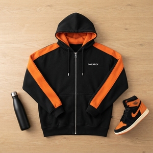 Custom Black <b>Orange</b> Full Zip Hoodie Contrast Panel Sleeves Oversized Streetwear Hooded <b>Sweatshirt</b> - Product Image 5