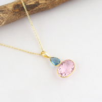 Collar de cadena de latón chapado en oro de 18k con colgante de piedras preciosas de cuarzo azul de Londres y cuarzo rosa, joyería de doble piedra de gran venta.