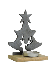 Figurine de renne moderne en nickel et aluminium Artesign avec étoile en métal argenté empilée sur un arbre de Noël sur socle en bois - Product Image 1