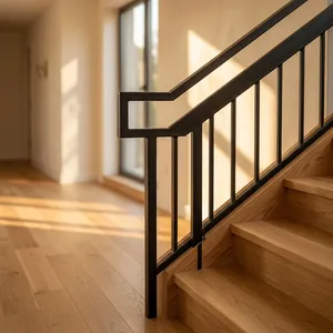 Rampe d'escalier moderne en métal noir avec balustres verticaux et double main courante pour la sécurité des escaliers intérieurs - Product Image 2