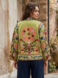 Veste douce en velours vert brodé, écologique, à motif floral, col mandarin, style bohème, pour l'hiver et les festivals - Product Image 2
