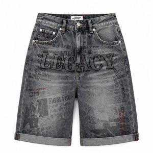 Legacy Newspaper Print Y2K Denim Jorts Washed Grey Streetwear Shorts Men Low MOQ Wholesale Supplier - Product Image 2