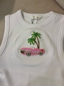 Pink <b>Floral</b> Sequin Embroidery Tank <b>Top</b> Women Ribbed Sleeveless Cotton Crop <b>Vest</b> Custom Logo Fitness Camisole - Product Image 1
