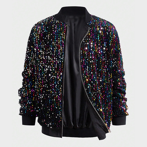 <b>Men's</b> <b>Sequin</b> Bomber <b>Jacket</b> With Turn-down Collar Zipper Closure Streetwear Style Autumn Wear Regular Fit Satin Lining Rhinestone - Product Image 6