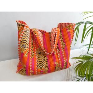 Bolsa de Mano de Algodón Hecha a Mano, con Estampado de Bloques, Acolchada, con Cierre Abierto, Estilo Boho, Reutilizable, para Compras, Casual, para Mujer, Verano, Otoño, Primavera - Product Image 5