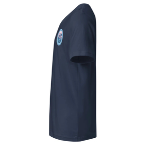 T-shirt unisexe décontracté bleu marine à col en V et manches courtes avec logo – Vêtement streetwear tendance en coton doux pour le quotidien et les activités de plein air - Product Image 4