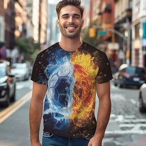 T-shirt imprimé ballon de football Fire Ice pour homme, manches courtes, col rond, décontracté, coupe oversize, style streetwear, en polyester écologique - Product Image 3
