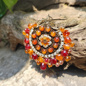 Wooden Pendant Earrings with Floral Pattern and Amber Pearl in Orange - Product Image 3