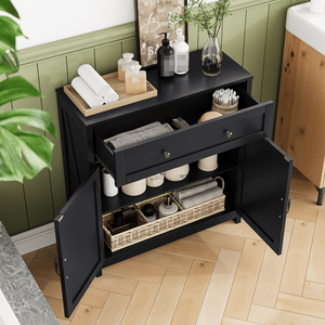 Aparador de Cocina Estilo Rústico con Puerta Corredera y Estante Ajustable, Mueble de Almacenamiento con Detalles de Granero - Product Image 4