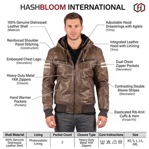 Blouson de motard unisexe en cuir marron enduit, écologique, décontracté, à capuche, avec fermeture éclair sur le devant et poignets côtelés - Product Image 5