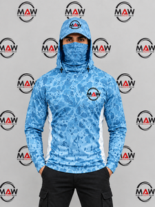 Sweat-shirt de pêche camouflage bleu pour homme MAW, anti-UV UPF 50, manches longues, avec cache-visage et chapeau - Product Image 1