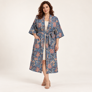 Women's Green Animal <b>Print</b> Knee Length Long Sleeve Casual Wear Drawstring Closure Cotton Block <b>Printed</b> Kimono Style V-neck - Product Image 5