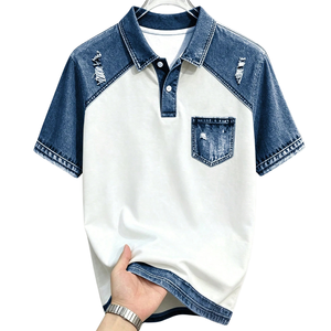 Chemise en coton uni pour homme, blanc et bleu, avec poche en jean contrastant, manches courtes, coupe classique, décontractée, respirante, tricotée pour l'été - Product Image 1