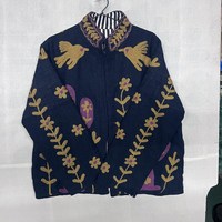 Blouson Bomber en Velours de Coton Noir Vintage Fait Main, Respirant, Broderie Florale, Style Bohème, Inspiré du Désert, Unisexe