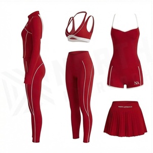 Red 5 Piece Yoga Set With Zipper Front Sweat Wicking Sportswear For Women High Waist Leggings And <b>Skirt</b> Contrast Binding - Product Image 3