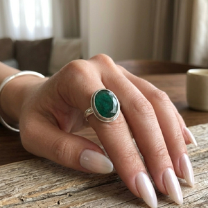 Green <b>Emerald</b> Gemstone <b>Ring</b> Pure 925 Sterling <b>Silver</b> Rose Gold & Yellow Gold Plated Oval Statement Handmade Statement Jewelry - Product Image 2